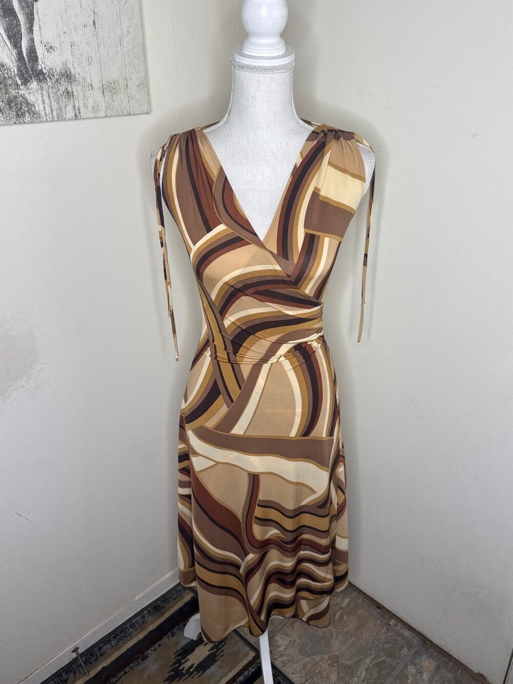 Inspired Y2K Abstract Geometric Swirl Wrap Midi Dress - Brown/Tan/Cream